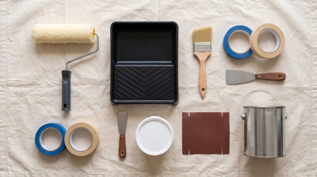 Materiales para pintar sobre una lona: rodillo, bandeja, brocha en ángulo, cinta de pintor y lata de pintura