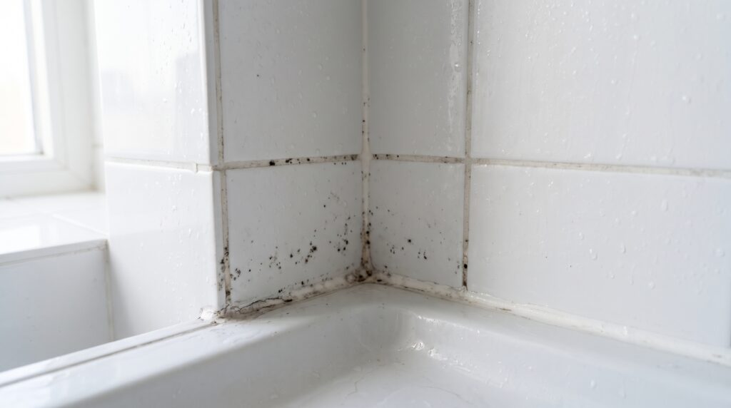 Juntas de azulejo blanco de baño con manchas de moho negro antes de limpiar