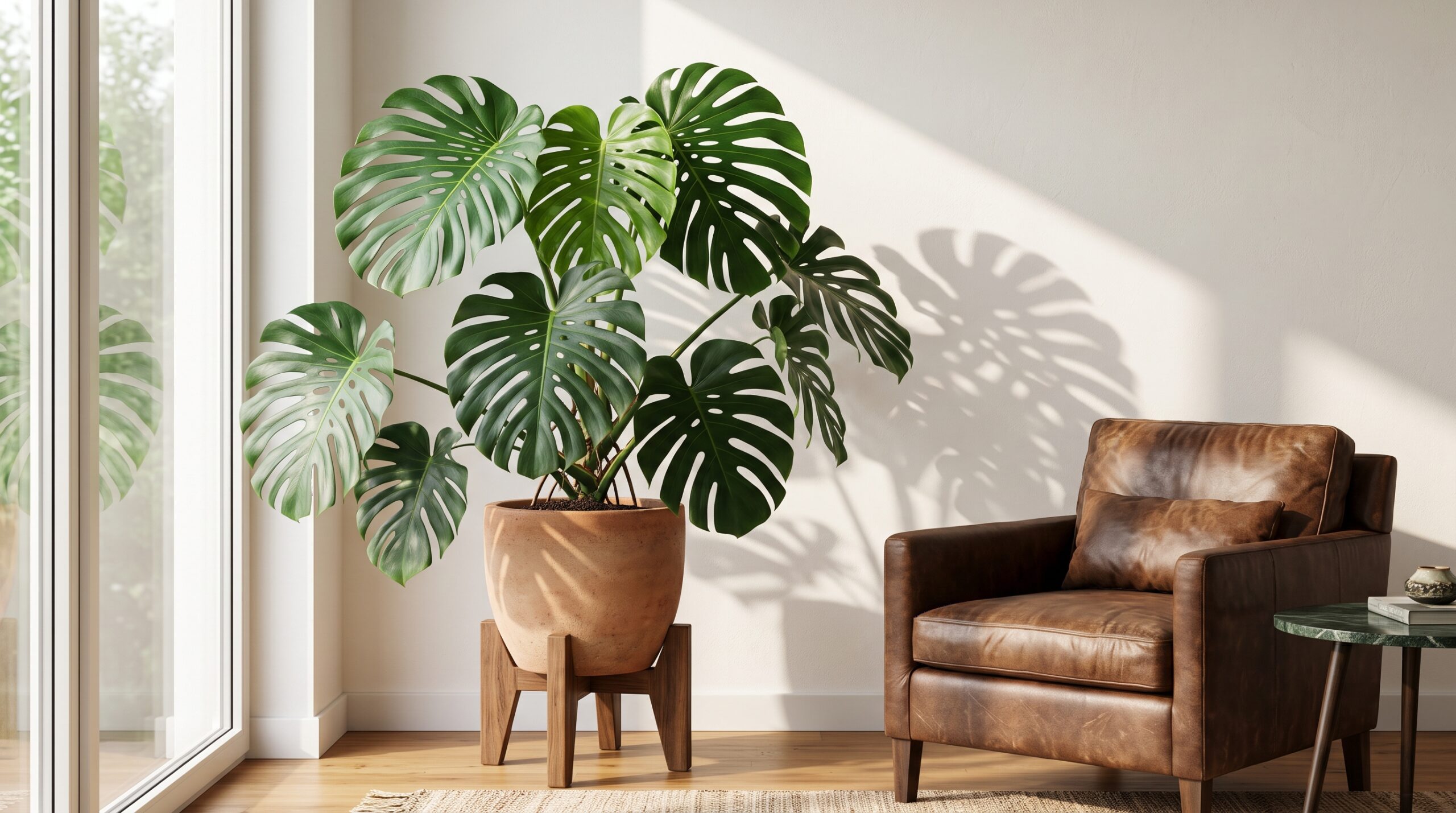 Monstera deliciosa adulta con hojas perforadas en maceta de barro junto a un ventanal