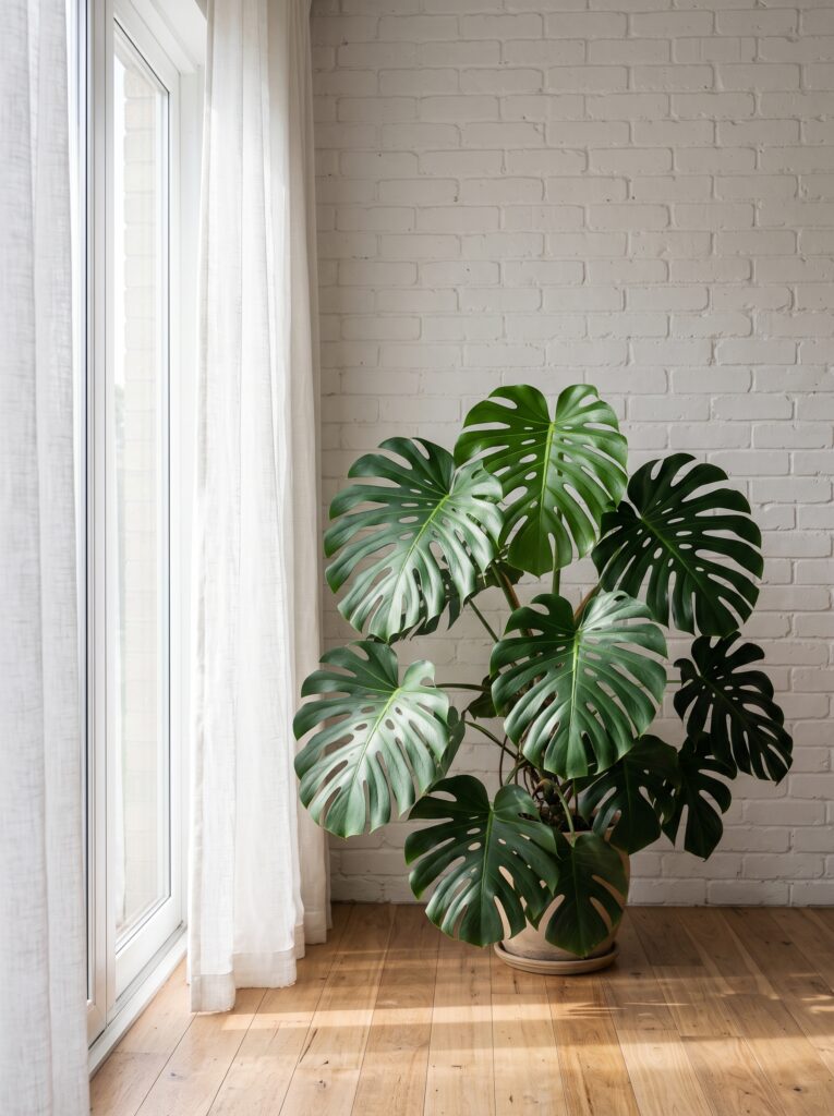 Monstera grande junto a una ventana amplia con luz filtrada por una cortina de lino