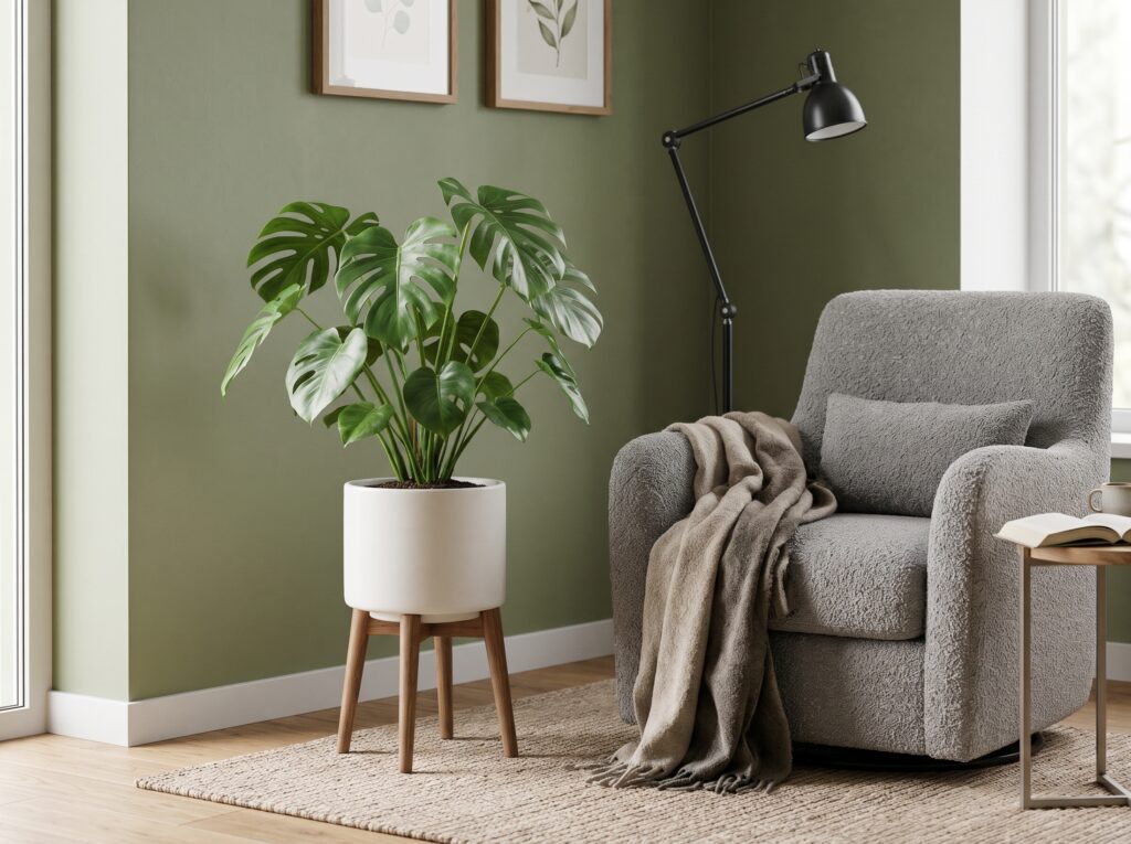 Rincón de lectura con monstera en maceta de cerámica blanca sobre una base de madera