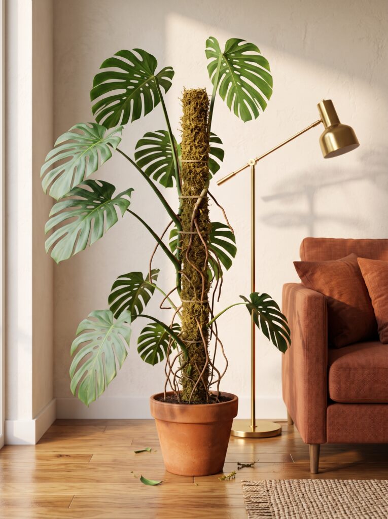 Monstera trepando por un tutor de musgo en una sala con piso de madera y sofá color terracota