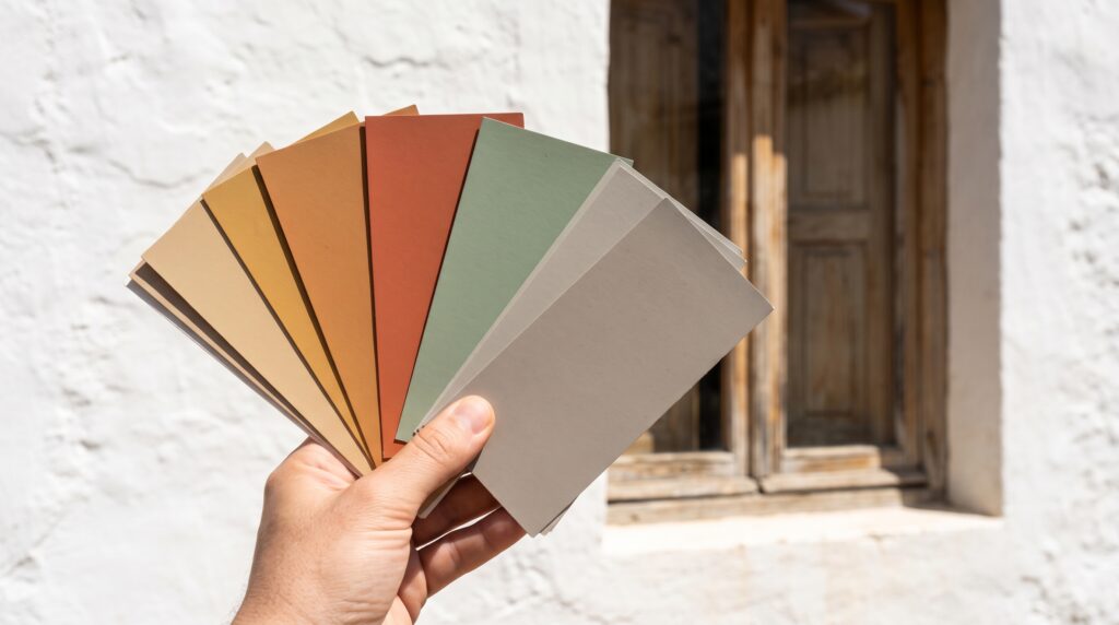 Muestras de colores de pintura para fachada sostenidas frente a una pared encalada al sol