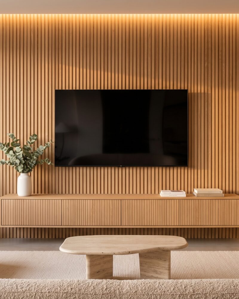 Sala moderna con la pared del televisor revestida de listones de roble y un mueble flotante debajo