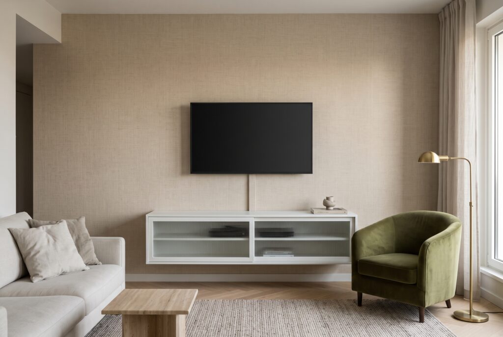 Pared del televisor con papel pintado de lino, mueble flotante de vidrio estriado y cables ocultos