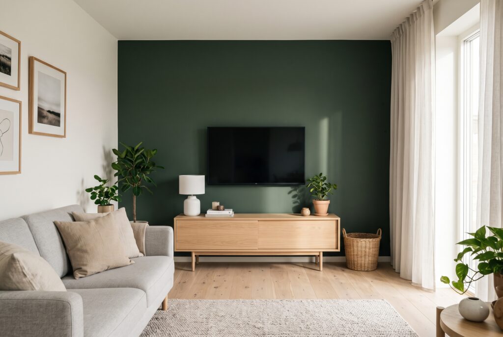 Sala con pared pintada en verde oscuro detrás del televisor y un mueble bajo de madera clara