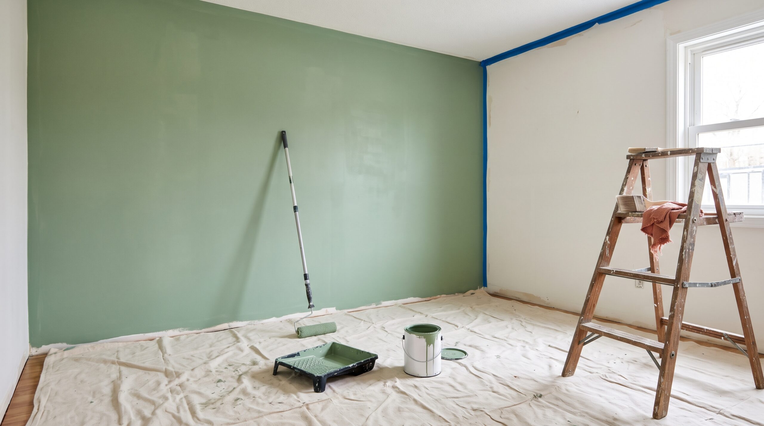 Habitación en renovación con una pared recién pintada en verde salvia, rodillo y lona protectora