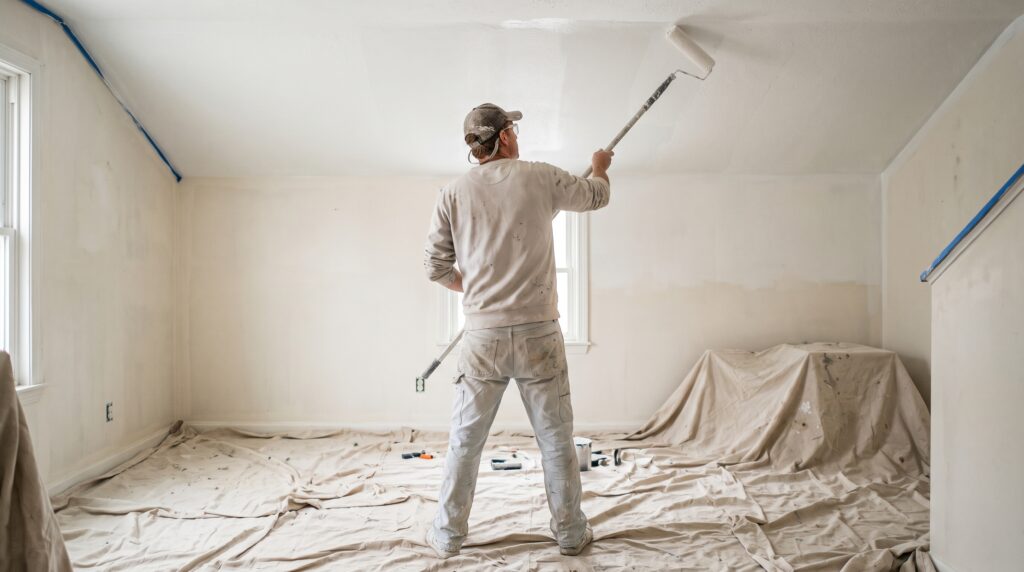 Persona pintando el techo de una habitación con un rodillo de mango extensible sobre lonas protectoras