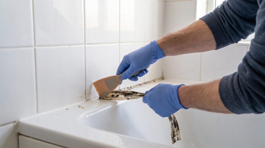 Manos con guantes de nitrilo retirando silicón ennegrecido del borde de una bañera