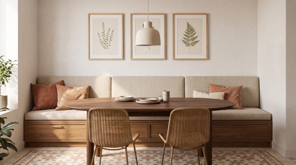 Rincón de comedor con banco tapizado contra la pared, mesa ovalada y cojines en tonos terracota