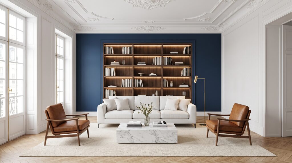 Sala con pared de acento azul marino, sofá blanco, sillones de cuero coñac y estantería de madera