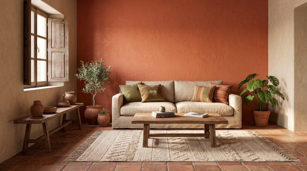 Sala cálida con pared terracota, sofá color arena y plantas en macetas de barro