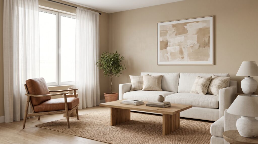 Sala con paredes color arena, sofá blanco roto y sillón de cuero color coñac junto a una ventana