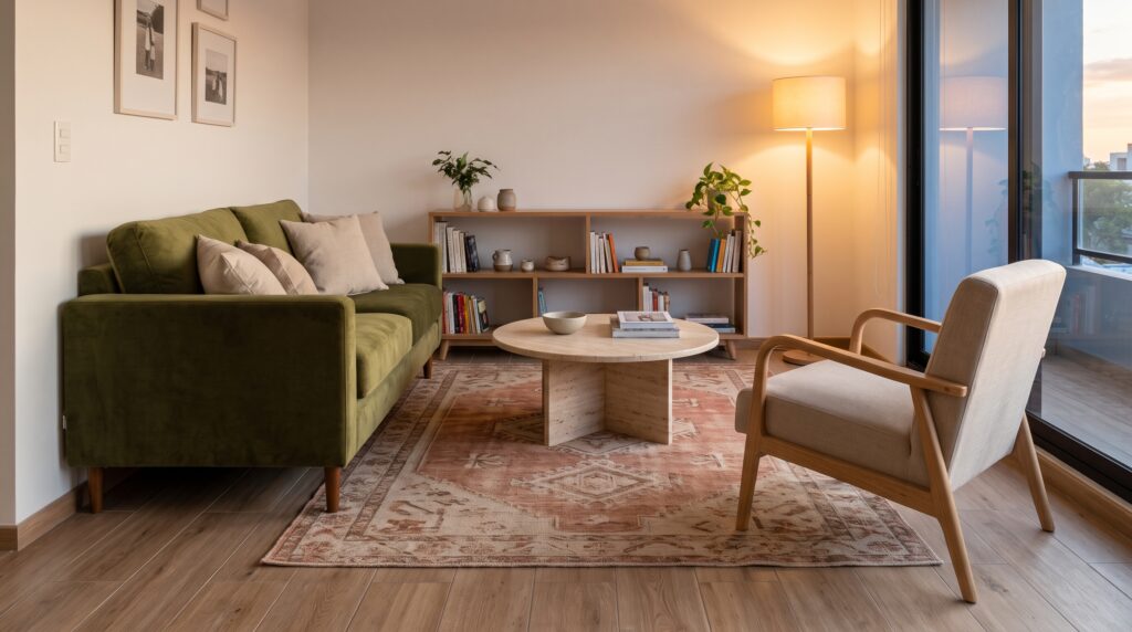 Sala pequeña con alfombra de 160 x 230 cm en tonos terracota y sofá verde oliva