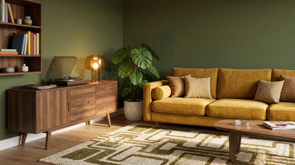 Sala moderna con pared verde oliva, sofá de terciopelo mostaza y mueble de madera de nogal
