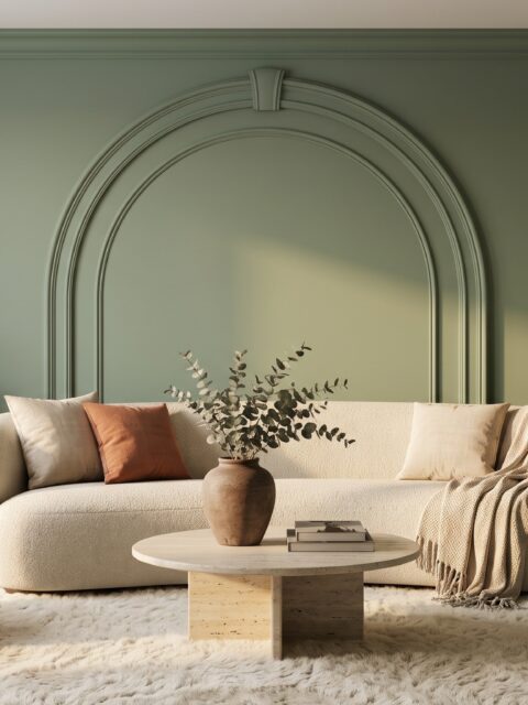 Sala moderna con paredes verde salvia, sofá curvo color crema y sillón de terciopelo terracota