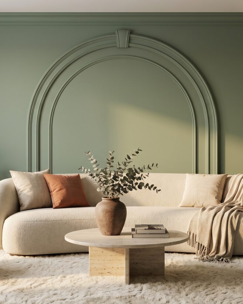 Sala moderna con paredes verde salvia, sofá curvo color crema y sillón de terciopelo terracota