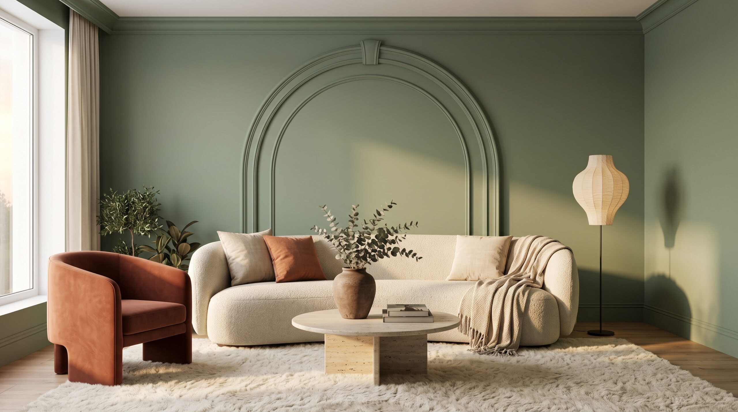 Sala moderna con paredes verde salvia, sofá curvo color crema y sillón de terciopelo terracota