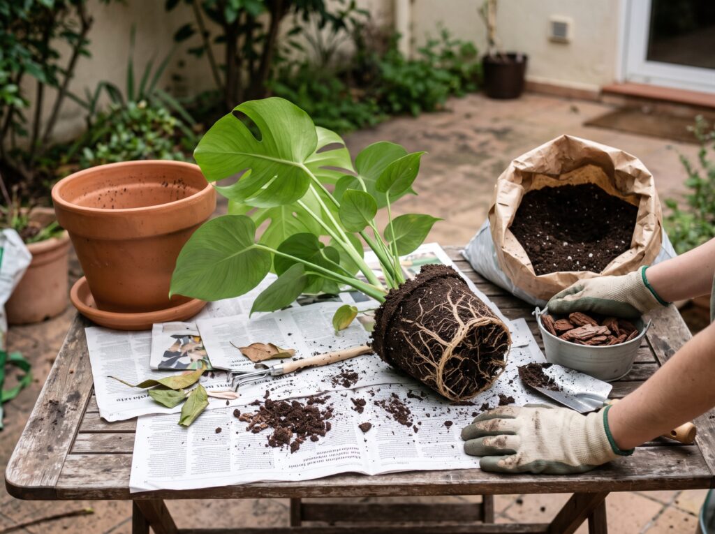 Trasplante de una monstera joven a una maceta de barro más grande con sustrato y corteza de pino
